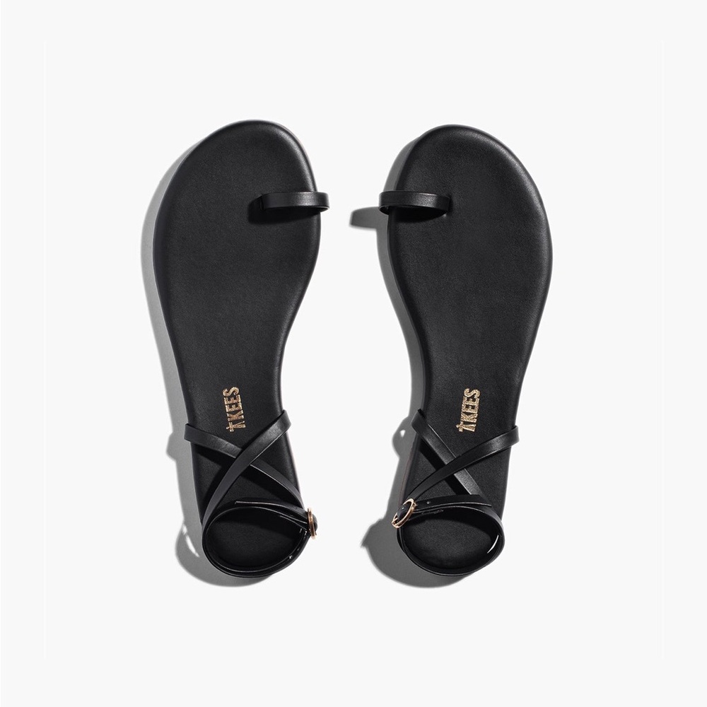 TKEES Black Strappy Toe-Ring Sandals with Gold Buckle